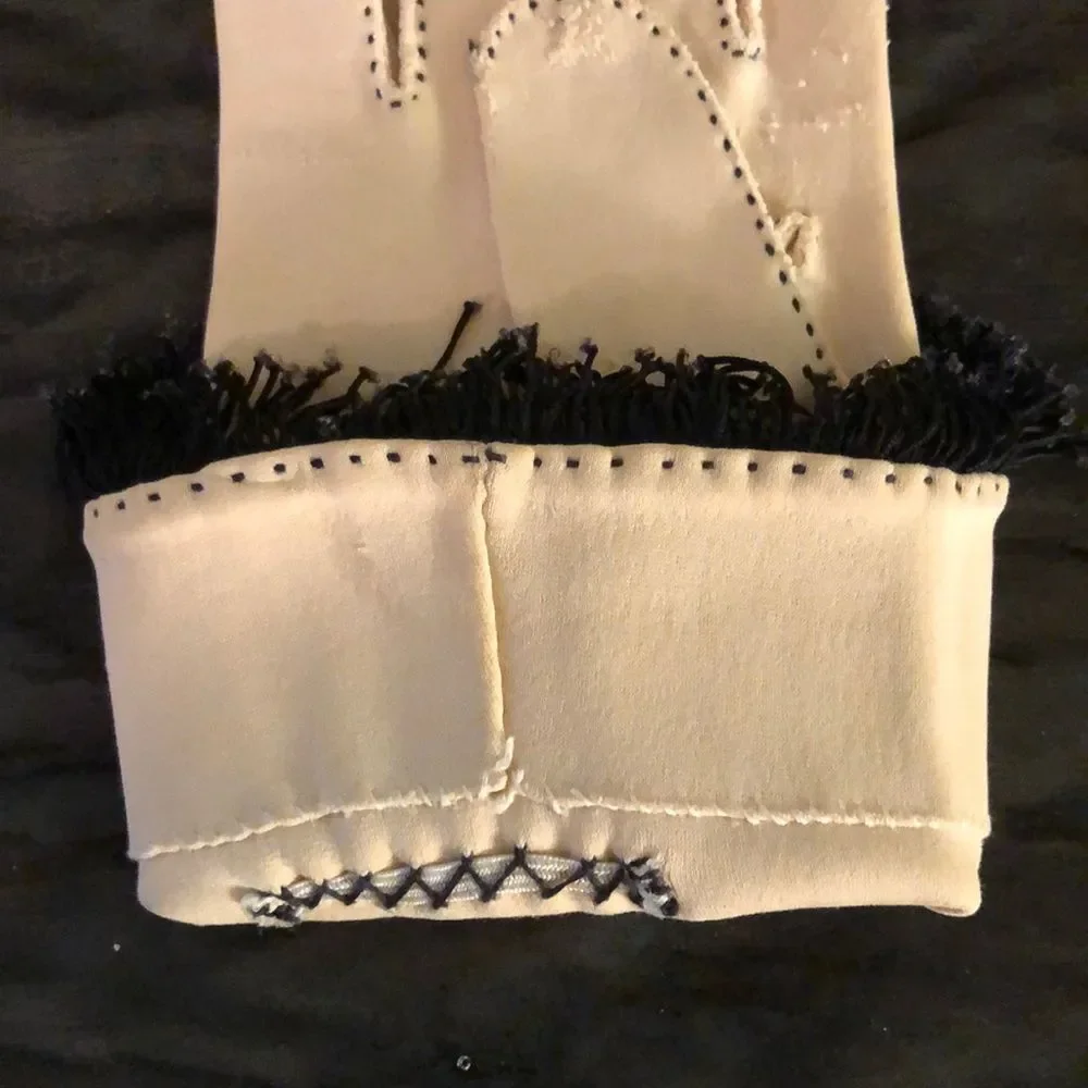 Vintage Ladies Cream Gloves Black Fringe Small